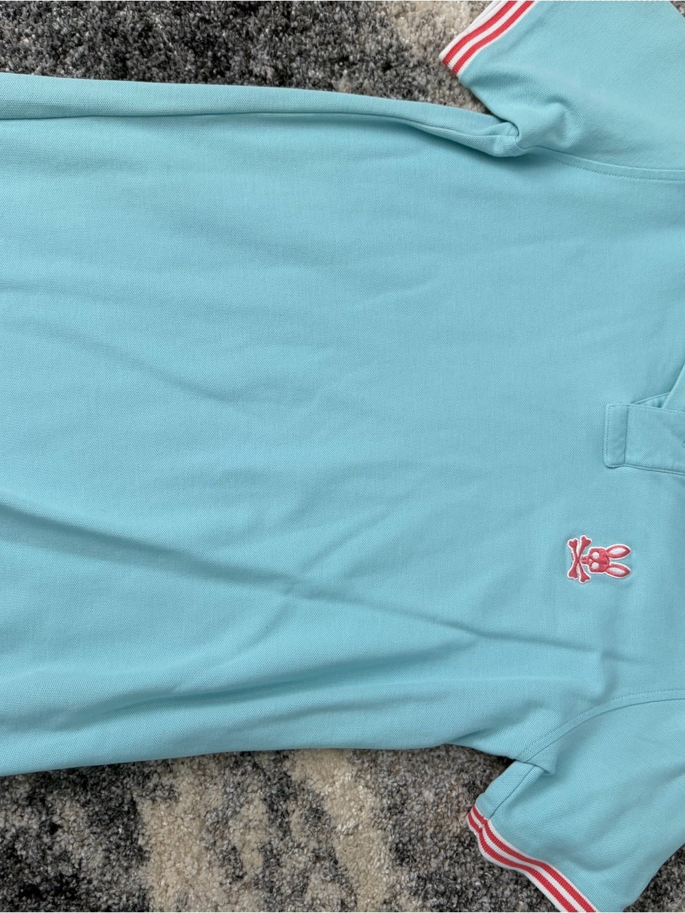Psycho Bunny Aqua Polo with Pink Logo and Striped Cuffs
